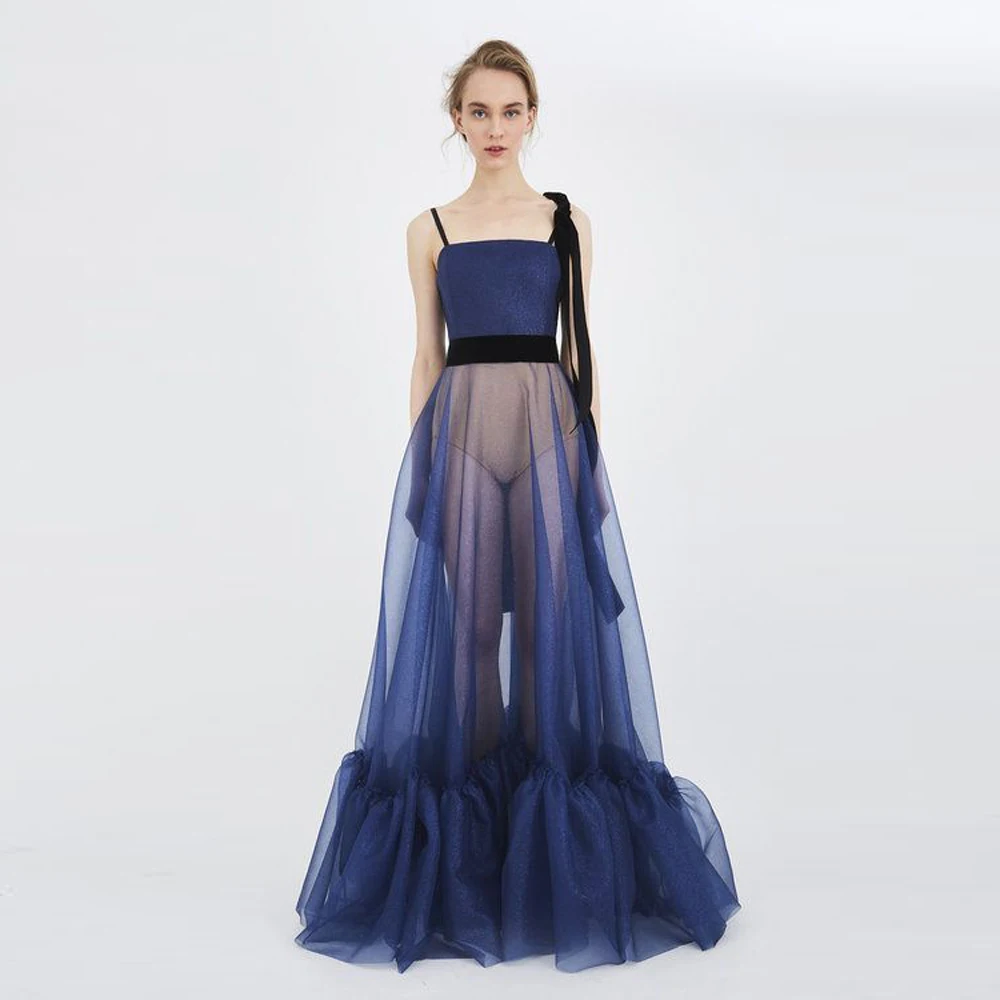 

Newest See Thru Dark Navy Blue Long Tulle Skirts A-line Floor Length Women Maxi Skirts Beach Tutu Tulle Skirt