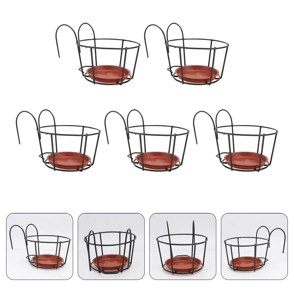 5 Sets Hanging Planter Basket Stand with Trays Round Metal Railing Planter Hanger Flower Pot Holders Fence Baskets for Balcony