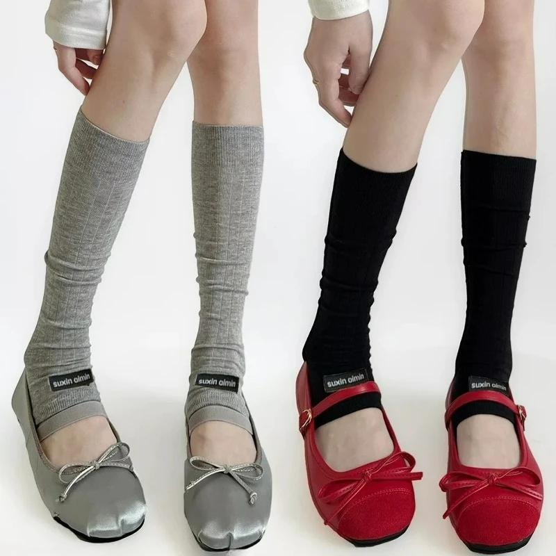 

Гетры в стиле Лолиты без пальцев, женские милые вязаные однотонные длинные свободные гольфы, чехлы для ног, чулки с тканой этикеткой для девочек