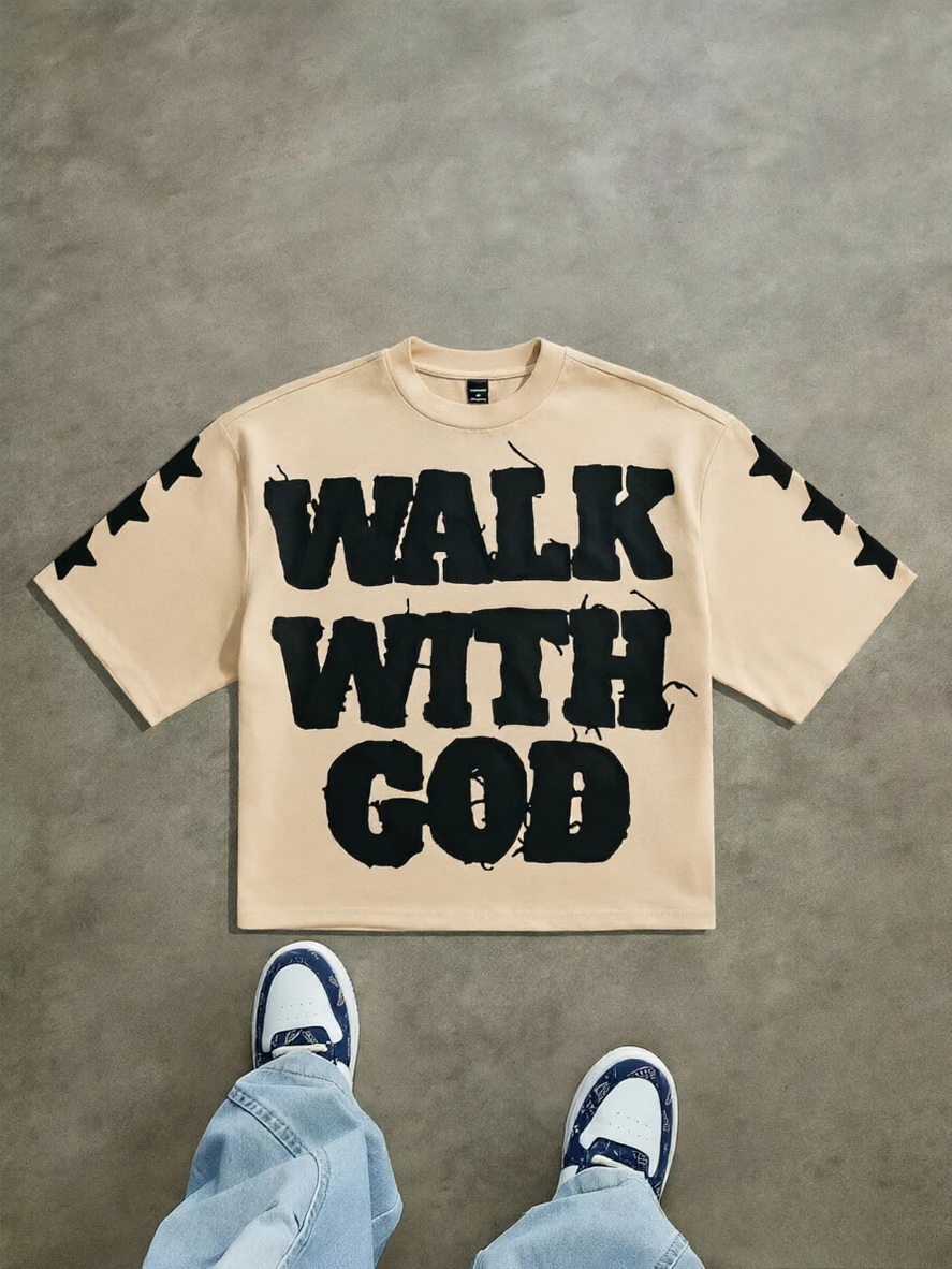 T-shirt Oversize Unisexe avec Citation Religieuse Chrétienne 'Marcher avec Dieu', Motif Religieux, Manches Courtes, Col Rond, Style Streetwear 2026