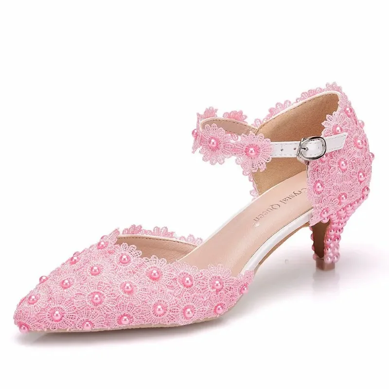 High Heel Women Sandals Summer Buckle Strap Pumps Wedding Lace Pearl PU 5.5CM Thin Heels Pointed Toe Dress Woman Shoes White