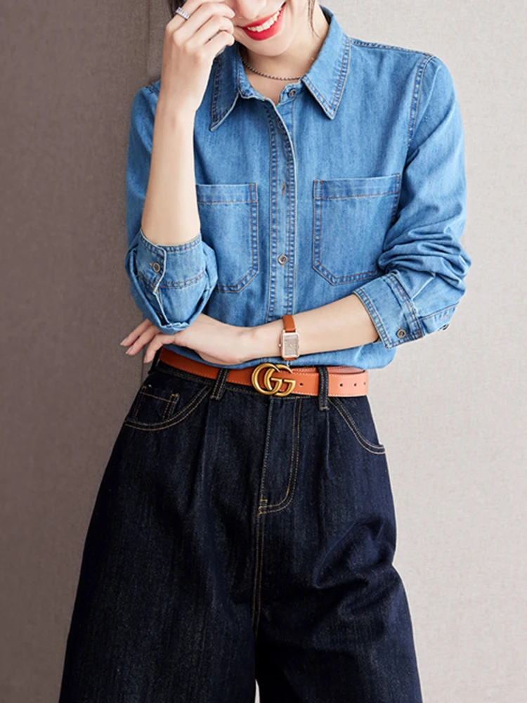 Vintage Washed Denim Shirt Women 2024 New Fashion Commuting Loose Long Sleeve Button Shirts Casual Versatile Blouses