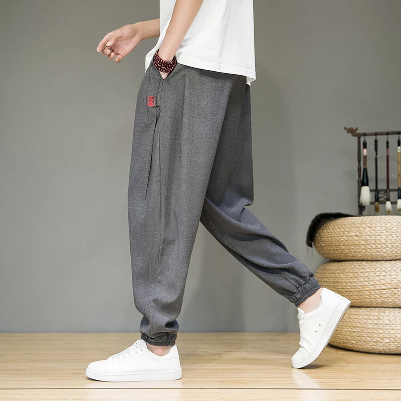 Plus Size 5XL Ice Silk Harem Pants Men Elastic Waist Jogger Casual Cuffed Pants Male Trousers Chinese Traditional Clothing