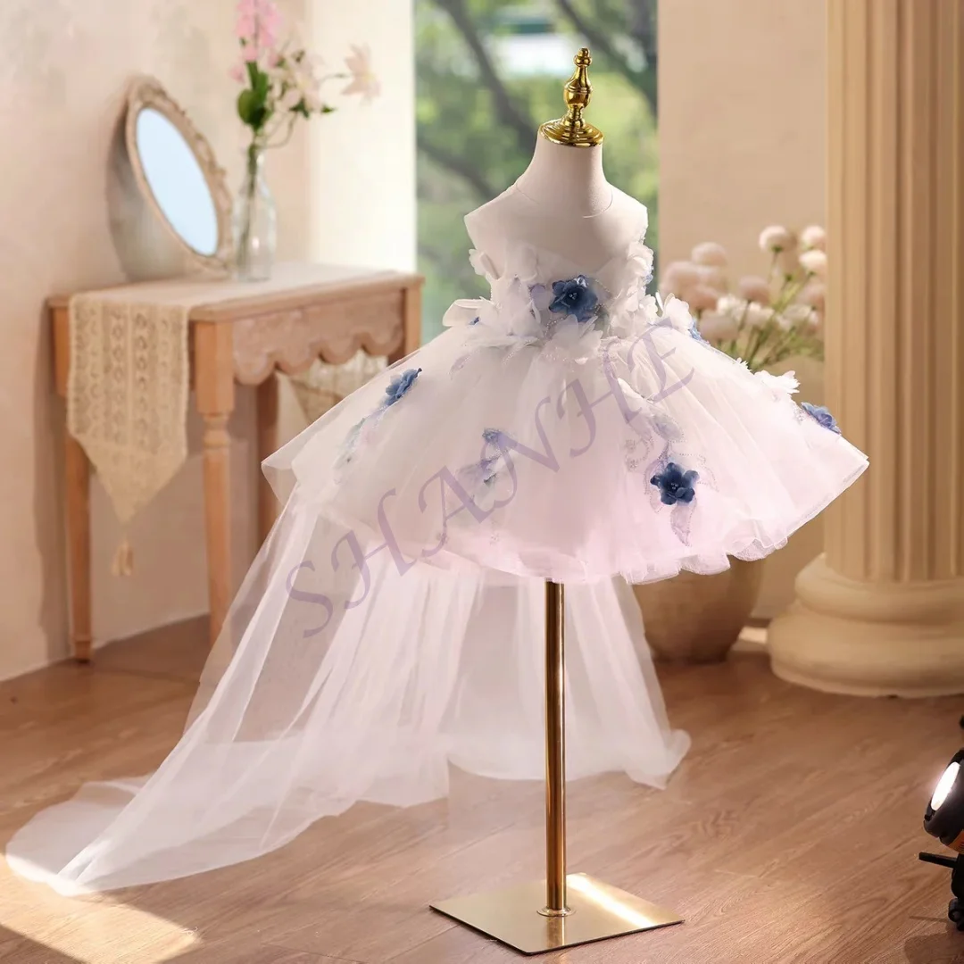 CustomizedElegant White Flower Girl Dress Knee Length with Train Princess Kids Wedding 1st Birthday Pageant Party Gown