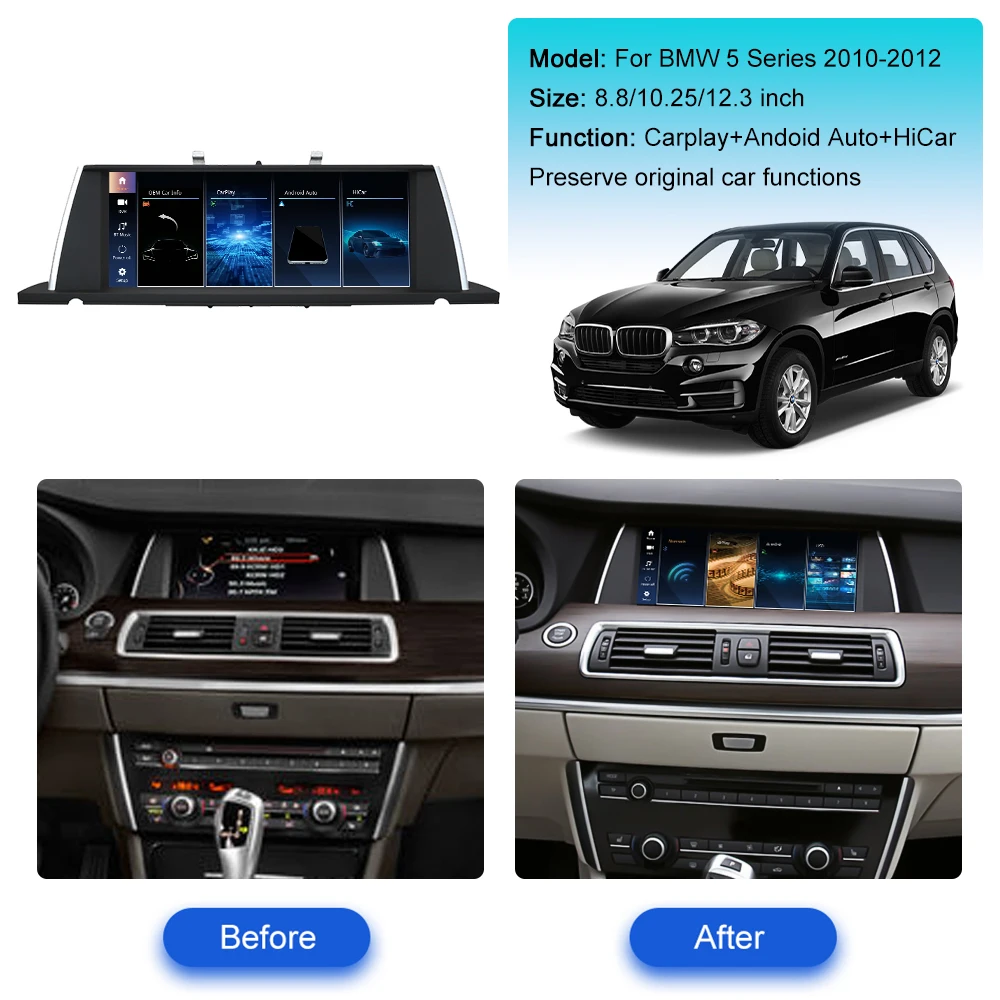 12.3 Inch For BMW 5 Series 2010-2012 Car Radio Multimedia Player GPS Navigation CarPlay QLED Touch Anti Glare Screen Head Unit