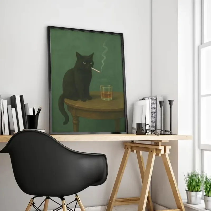 Frameless Dark Humor Retro Black Cat Smoking Canvas Poster, Und Cats With Whiskey Canvas Painting Wall Art For Living Room Decor
