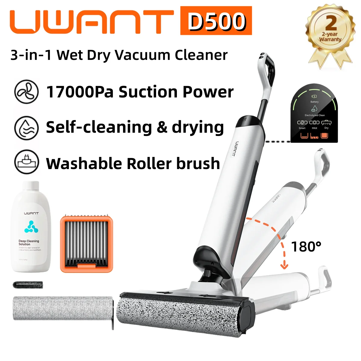 Uwant D500 Kabelloser Nass-Trocken-Staubsauger mit Wischfunktion, Lay-Flat 65 ° C Trocknender, selbstreinigender 17000 Pa Kantenreinigungs-Bodenreiniger für den Haushalt