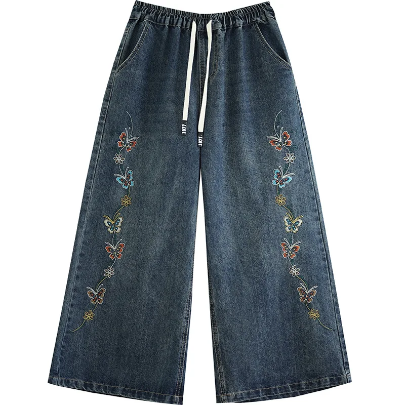 일본 빈티지 모리 걸 플로럴 자수 데님 와이드 레그 팬츠 여성 가을 신축성 있는 허리 캐주얼 루즈 진 스트레이트 팬츠