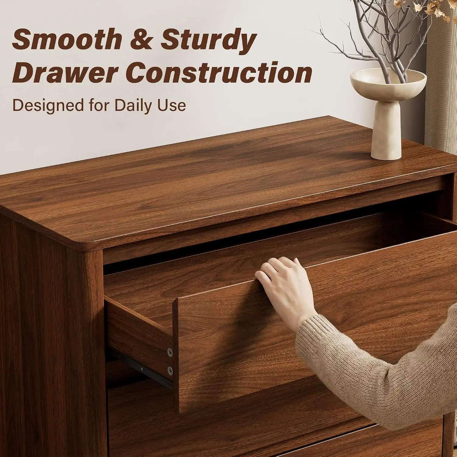 Five Drawer Wooden Storage Cabinet Vertical Tall Chest Of Drawers Organizer Unit With Solid Wood Legs Furniture For Bedroom Living Room Closet Entryway Walnut Brown One Pack view 4