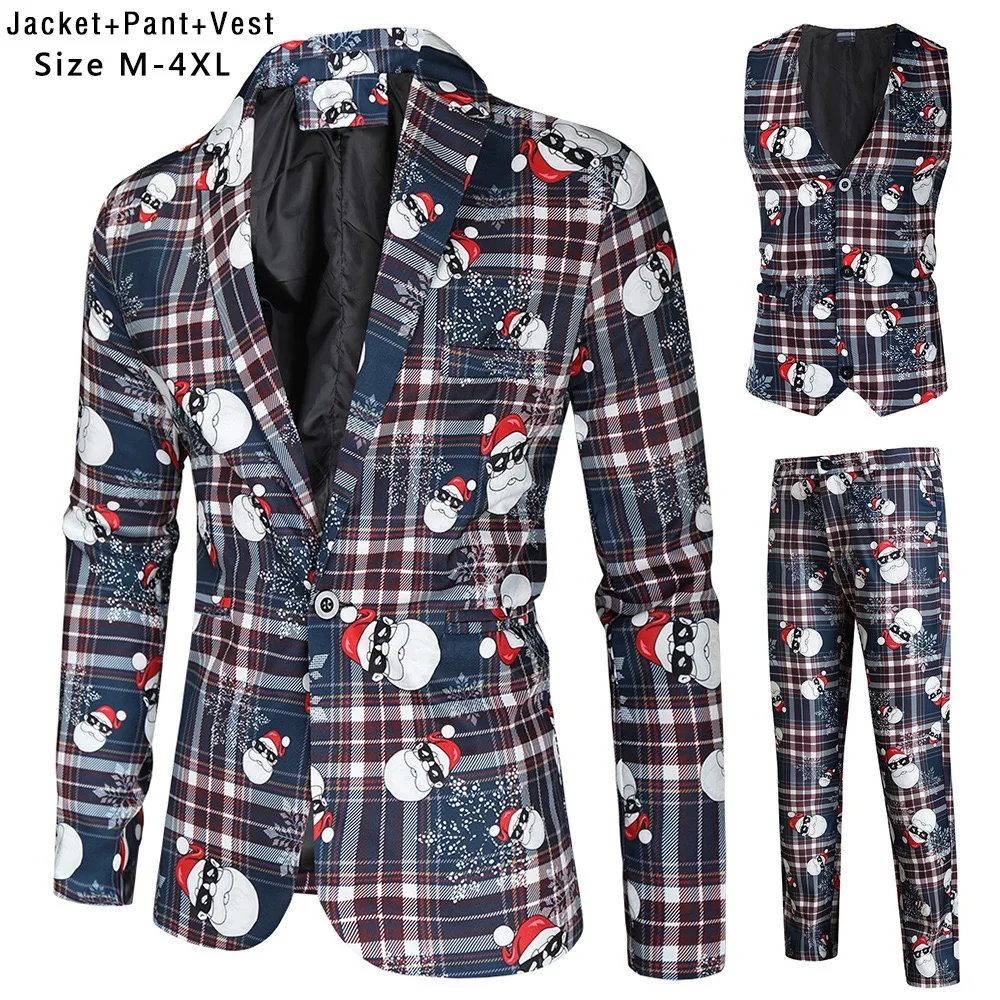 Suit for Men Christmas Day Party Prom Slim Fit 3 Pieces (Blazer+Vest+Trousers)Xmas Tree Print Dress Up Male christmas Suits Sets