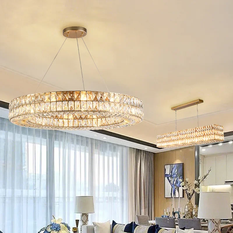 Luxury E14 Led Pendant Lights Adjustable Circle Led Hanging Lamp Lustre K9 Crystal Gold Silver Suspend Lamp Fixture