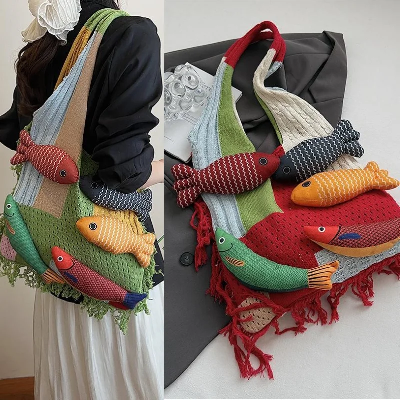 

2025 Summer Cute Little Fish Relaxed Knitted Bag New Commuter Versatile Shoulder Bag Contrasting Cut Out Tote Bag