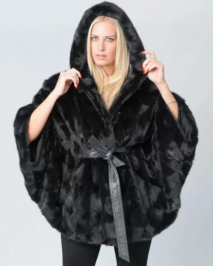 2026 Women's New Mink Fur Bat Top, Hooded Shawl Jacket, Real Mink Fur Leather Jacket