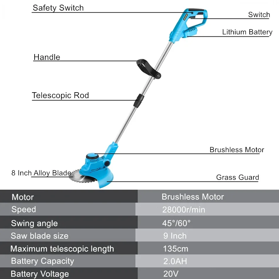 Беспроводная электрическая газонокосилка KAKYOIN, триммер для травы с бесщеточным Мотором, телескопический инструмент с регулируемой длиной и углом