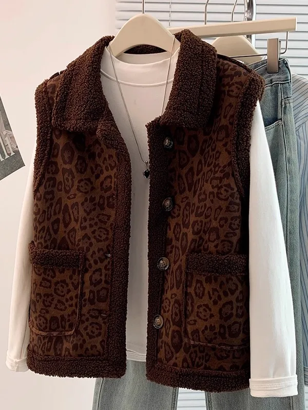 Advanced Mellaard Women's Jacket Vest Coat Autumn Winter Lamb Fur Warm Collarless Sleeveless Top Leopard Print Outerwear