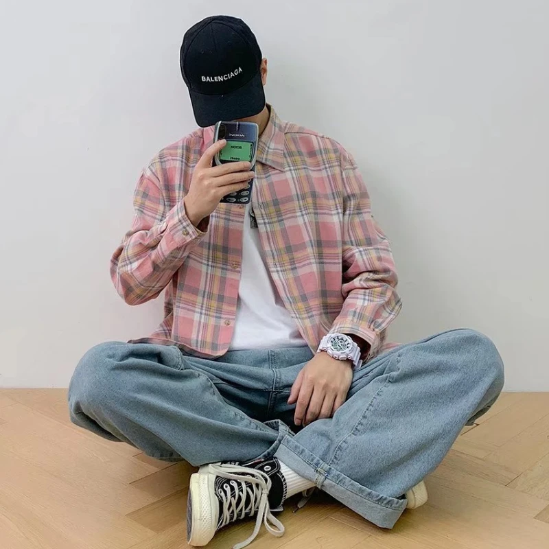 Plaid Shirts Men Harajuku Hot Sales College Unisex Spring Autumn Basic Males Tops Long Sleeve Cozy All-match Clothing Ins
