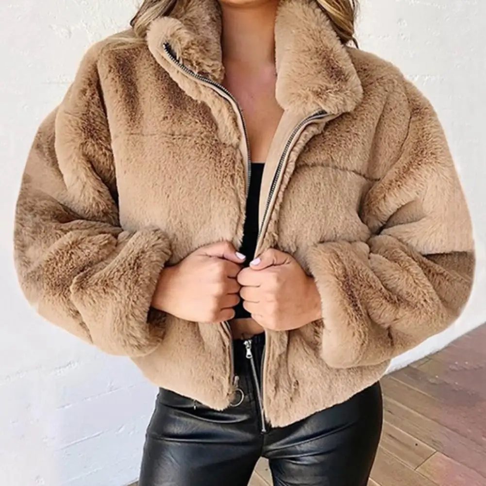 

Autumn Winter Women Plush Jackets Solid Color Zipper Cardigan Lady Coat Commute Design Cotton Blended Outwear Women's Clothing