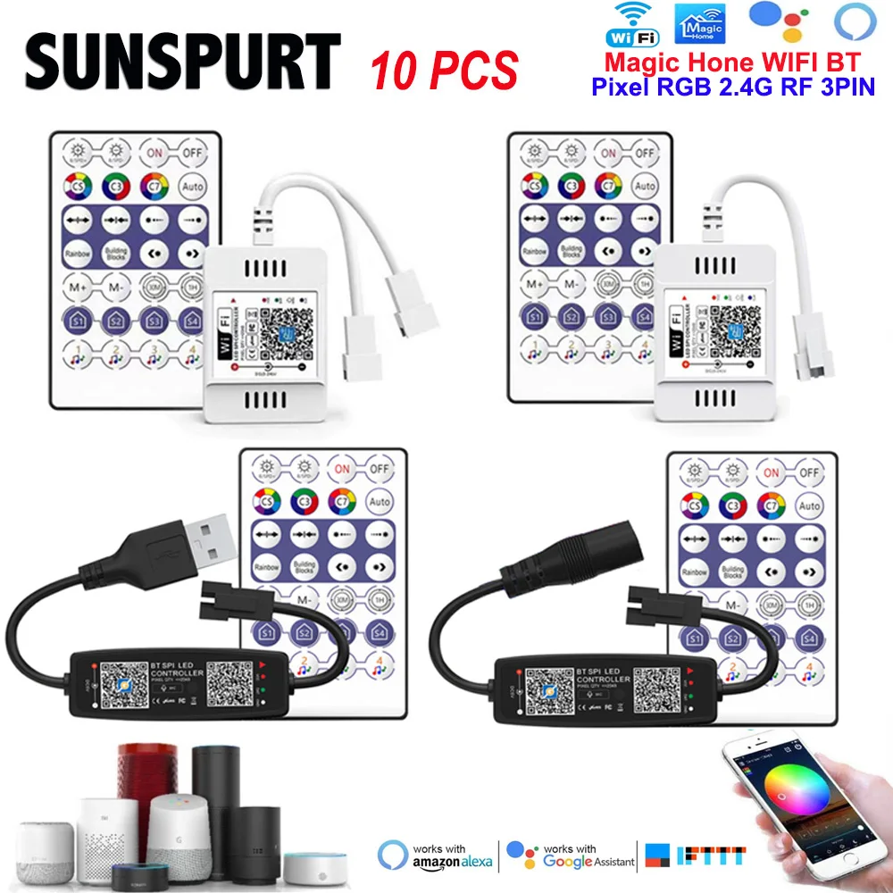 10Wifi LED SPI Controller with 28 Key Remote Control Single/Dual Output 144W 2048 Pixels for WS2812B Addressable LED Magic Strip