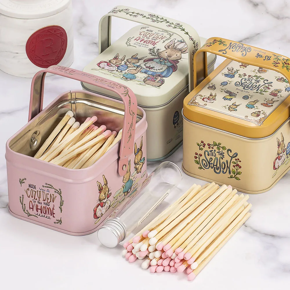 7.5cm Bunny Family Tin Box Matches with Drift Bottle 160 Matchsticks Multi-color Match for Scented Candles Home Decoration