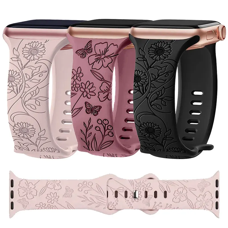 Engraved Floral for Apple Watch Straps SE 10 42mm 46mm 44mm 45mm 38/40/41mm Silicone Bracelet Iwatch Serie 9876543 ultra 2 49mm