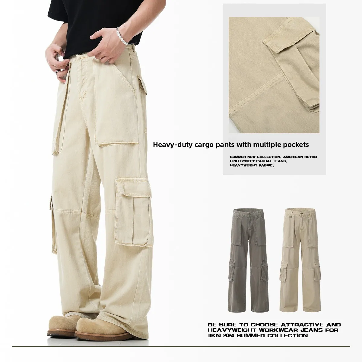 

Американские ретро-брюки с несколькими карманами, мужские повседневные прямые брюки, зауженные, модные, городские, хлопковые, летние, тонкие