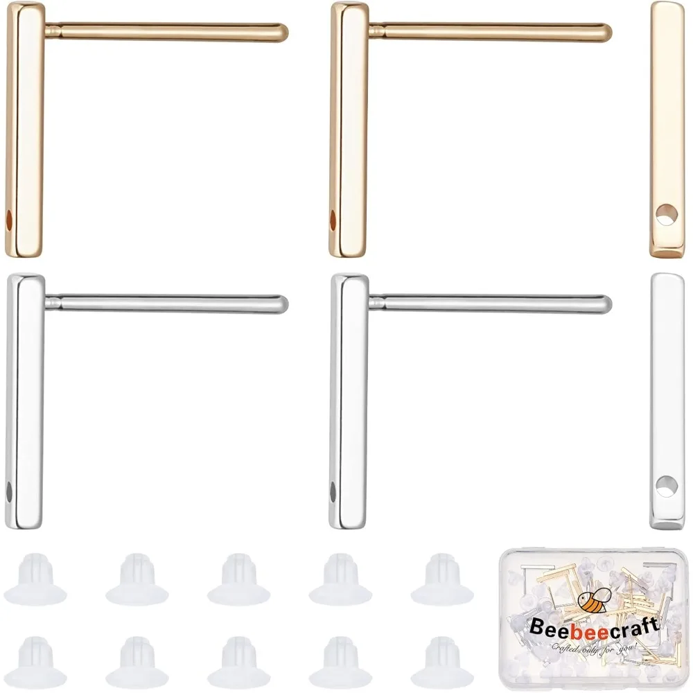 

40Pcs 2Colors Stud Earring with Loop 18K Gold & Platinum Plated Rectangle Earring Posts with Ear Nut for DIY Earrings making kit