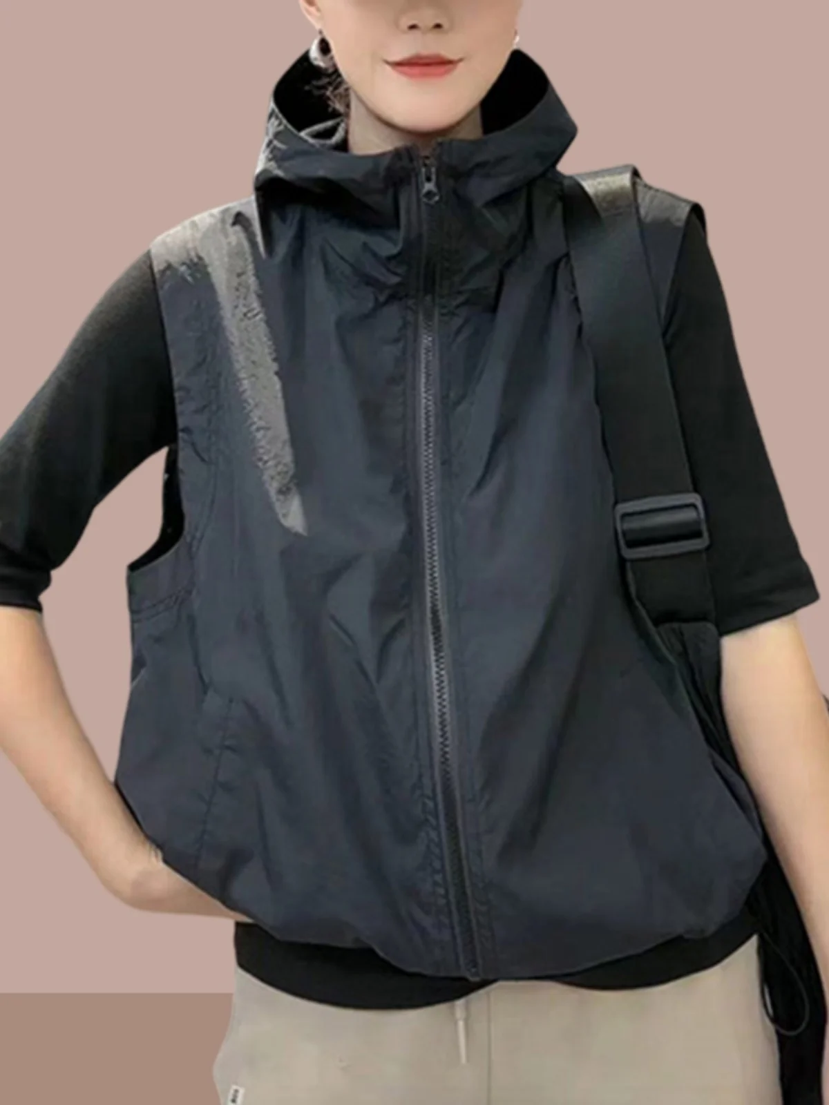 

Loose Large Size Sleeveless Vest Summer New Fashionable Ladies Small Size Hooded Outerwear Jacket Trendy Zipper Closure Pure ...
