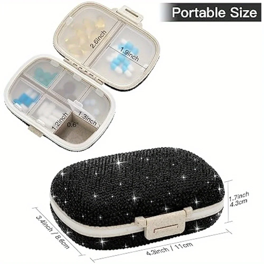 Bling Pill Organizer With 8 Compartments Travel Portable Pill Case Double Sided Rhinestone Pill Box For Vitamin Fashion Gifts