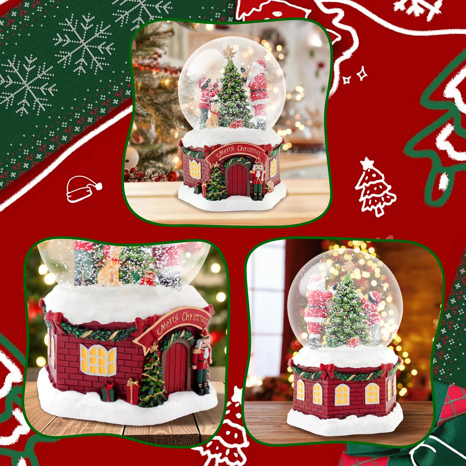 

Fireplace Shaped Music Box Snow Globe Christmas Village Scene with Tree & Santa Claus, Festive Home Accent