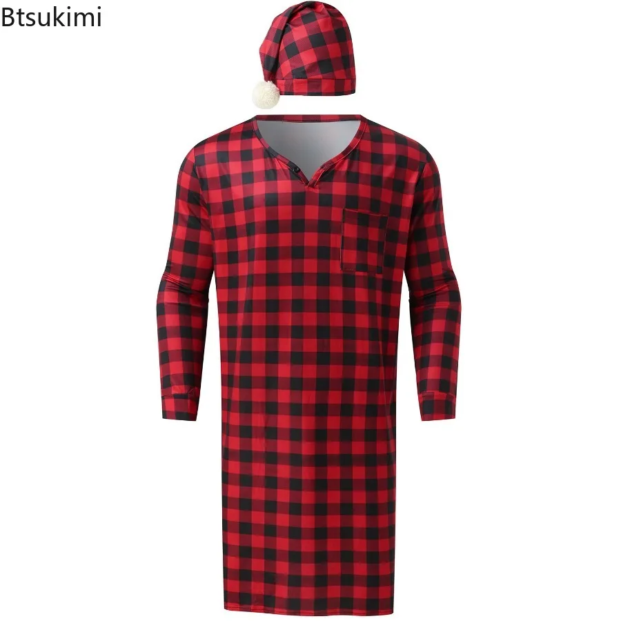 Spring New Men's Pajamas Robe Fashion Plaid Loose Casual Bath Robes Long Sleeve V-neck Home Loungewear Male Nightgown with Hat