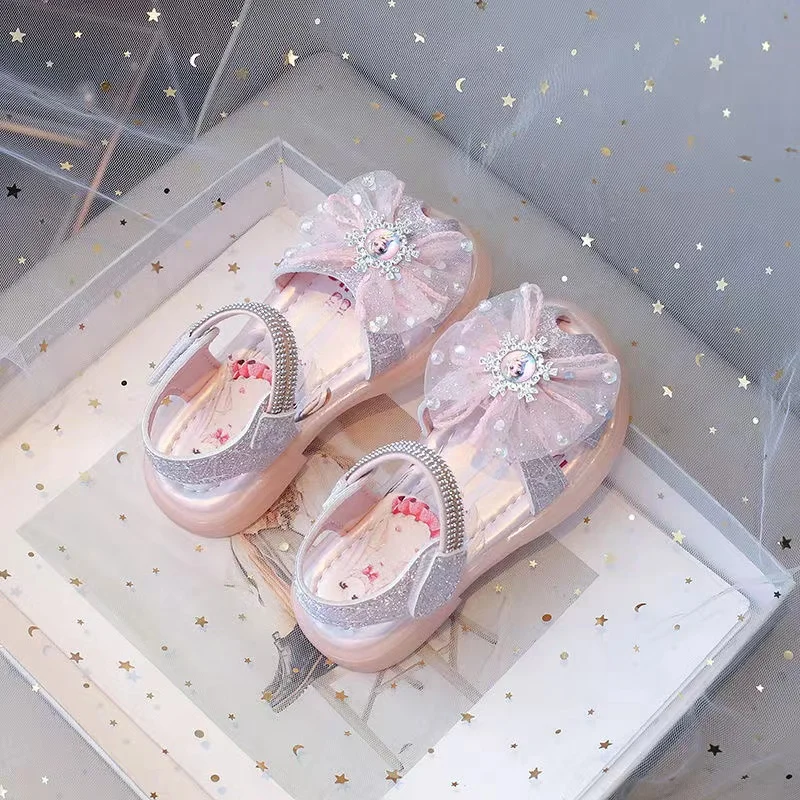 Baby Girls Sandals Summer Cartoon Princess Frozen Anna Elsa Crown Print Children Crystal Shoes Kid Beach Soft Flat Glass Slipper