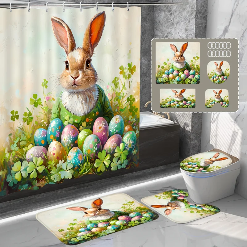 A Set of 1 Or 4 Easter-Themed Items Featuring Cute Rabbits And Four-Leaf Clovers, Including a Green Meadow Design Shower Curtain