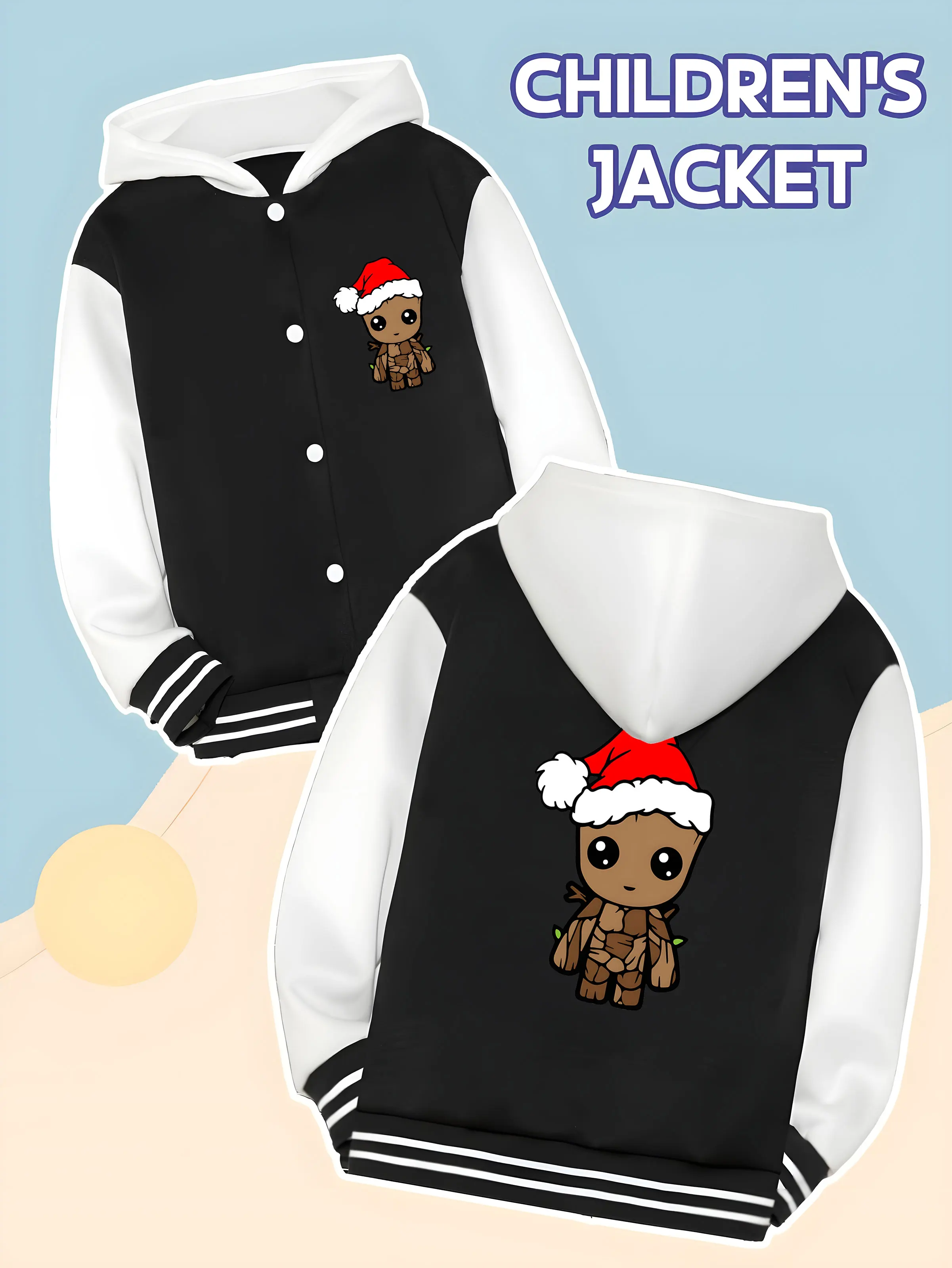 

MINISO Marvel Groot Christmas Boys Baseball Jacket - Groot wearing a Santa hat cute print, double-sided design, soft and comfort