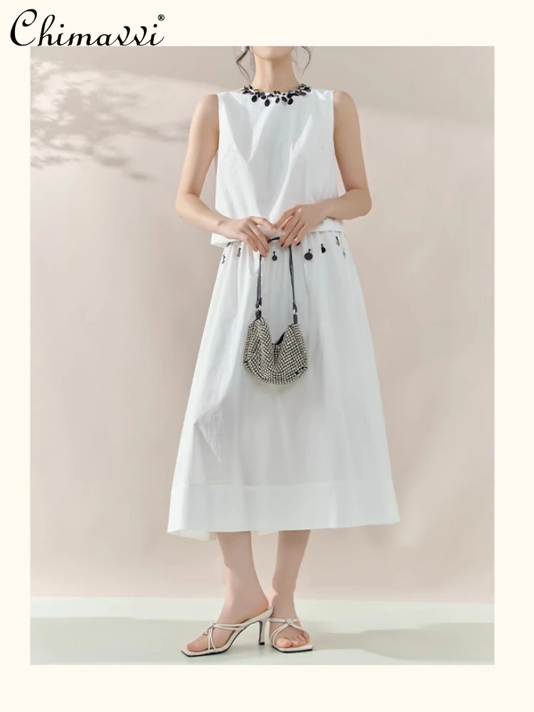 

Elegant Simple High-end Sequined Round Neck Sleeveless Short Top High Waist A-line Long Skirts Casual Two-piece Set Women Summer
