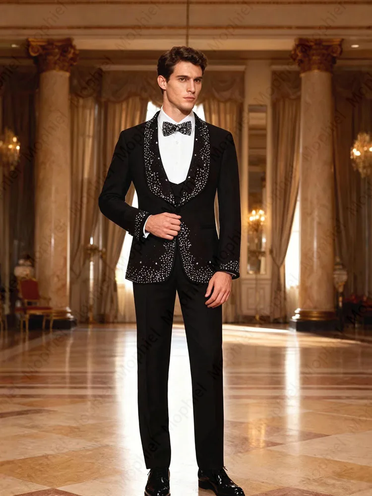 Wedding Men's Suits Luxury 2 Piece Set Tuxedo Shawl Lapel One Button Groom Suit with Beading Prom Slim Fit Blazer Customized