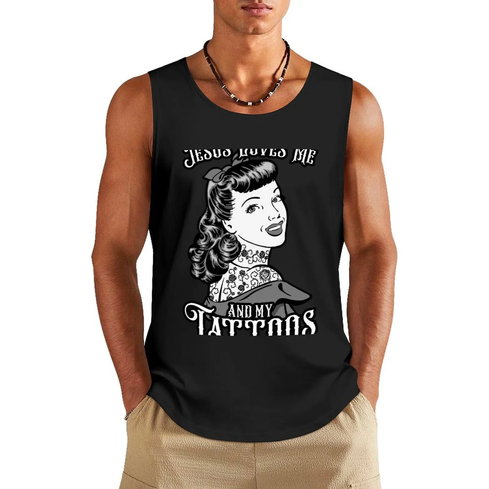 

Jesus Loves Me And My Tattoos Tattooed Vintage Pop Art Girl Tank Top Top best selling products t-shirt for man tops