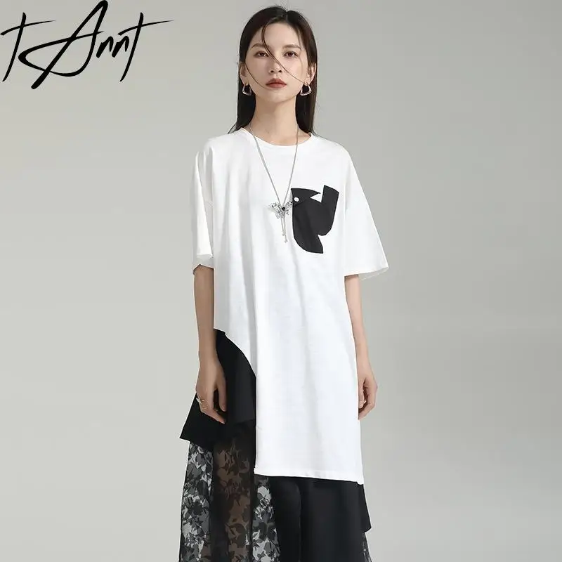 

Tannt Women T Shirt Asymmetrical Short Sleeves Long T Shirt Women Irregular Color Matching Casual Oversize T-shirt Tops Women