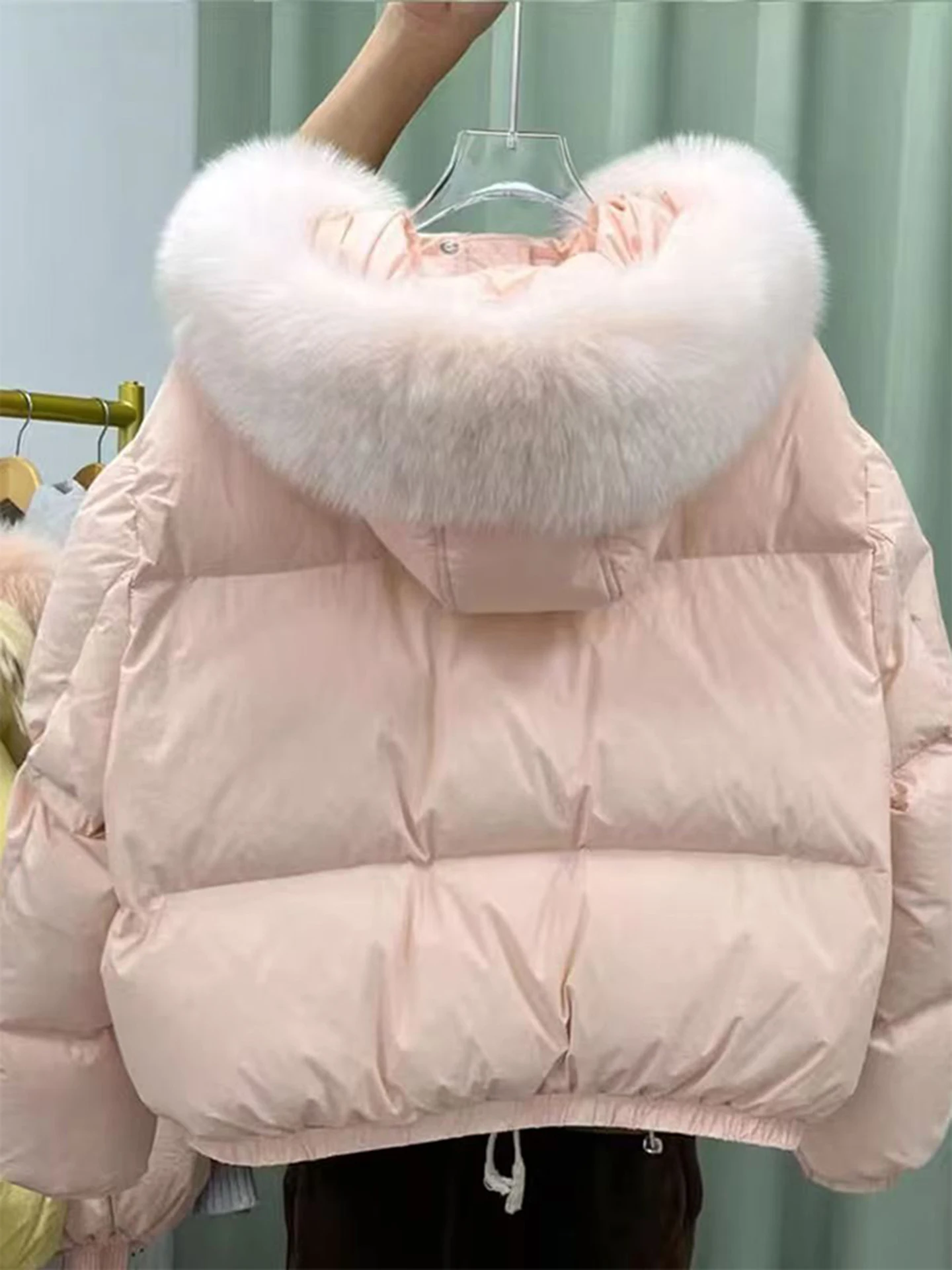 سترة قطنية نسائية قصيرة بغطاء رأس وياقة فرو وردية، معطف قطني سميك على الطراز الكوري بقصة فضفاضة