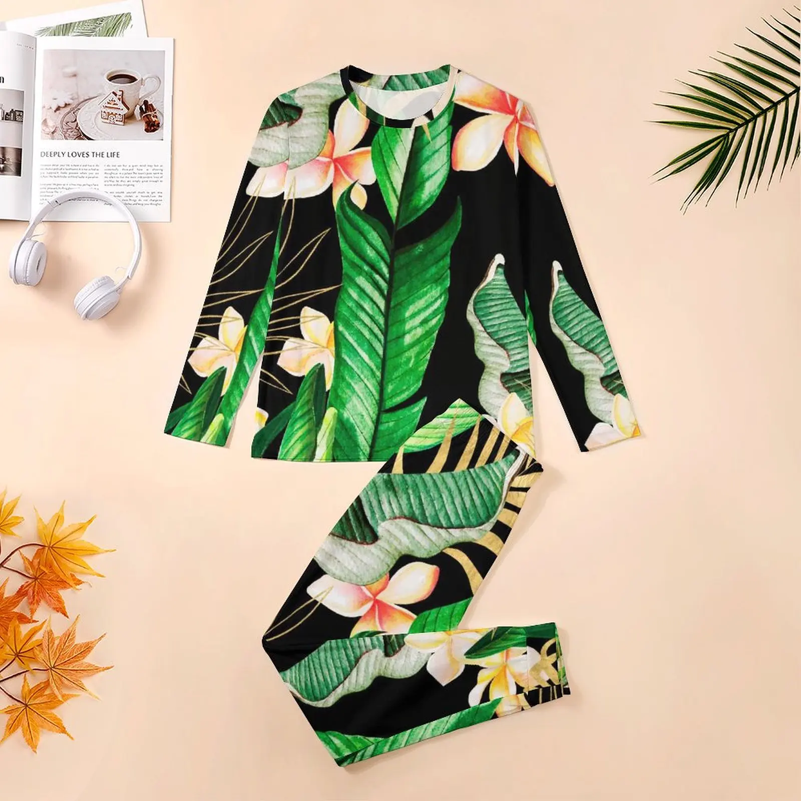 Jungle Palm Leaves Pajamas Autumn 2 Piece Tropical Forest Flower Print Kawaii Pajama Sets Man Long Sleeve Sleep Sleepwear