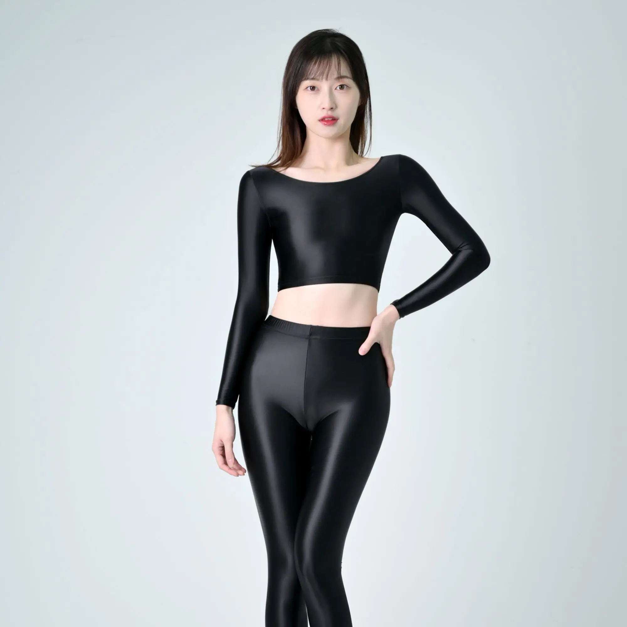 XCKNY satin glossy  long sleeve top Sports Glossy Silk Skinny Yoga swim Expose the navel Thin Bodybutton Long Sleeve Top