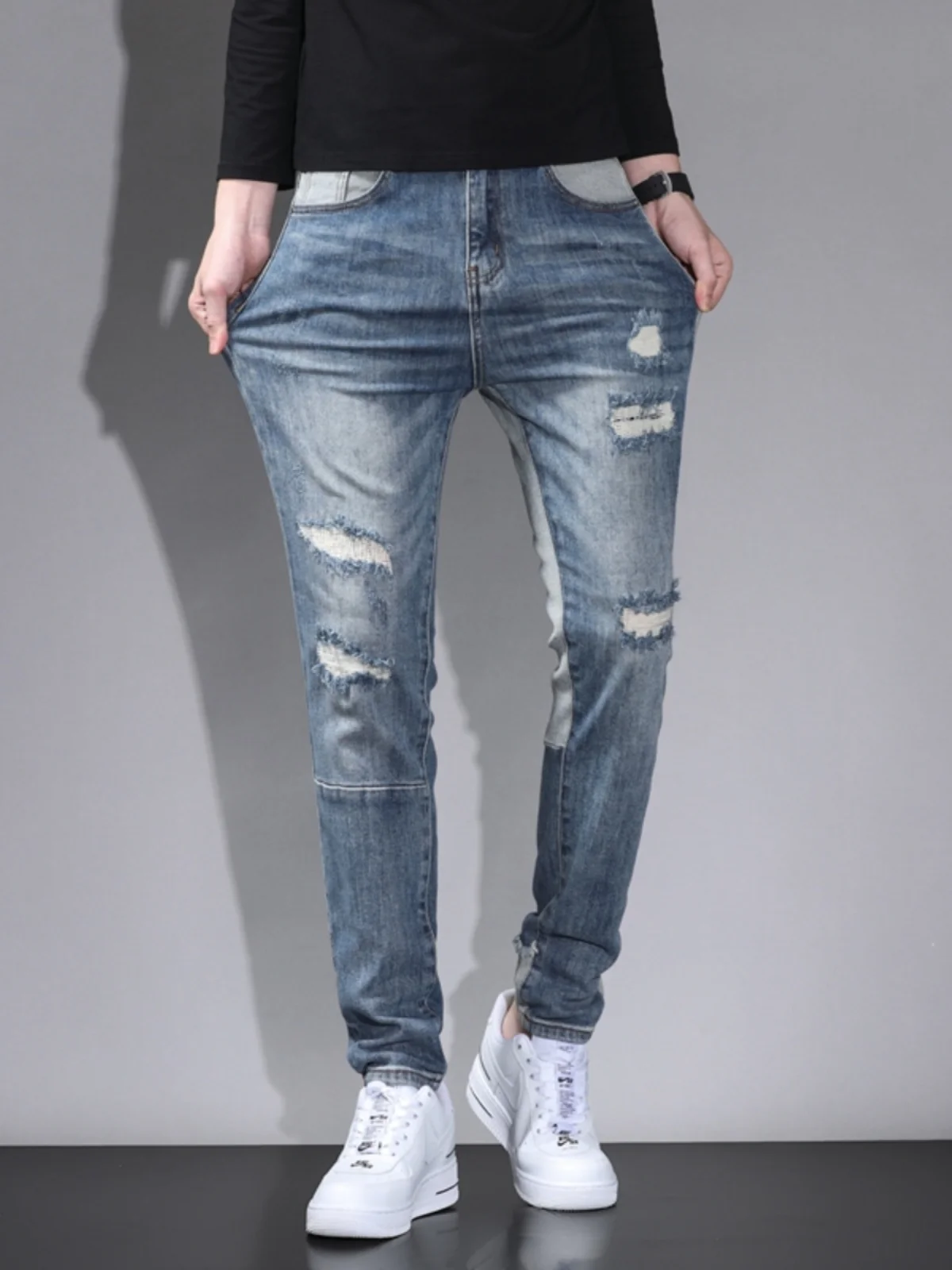 

Мужские джинсы премиум-класса в американском стиле, с цветными блоками и прорезями, облегающие, длинные брюки, весна-осень, модные, из хлопкового стрейч-денима