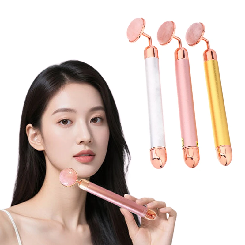 Natural Stone Rose Gold Electric Roller Original Amethyst Quartz Jade Big Frequency Eye Massage Face Care Neck Detox Beauty Tool