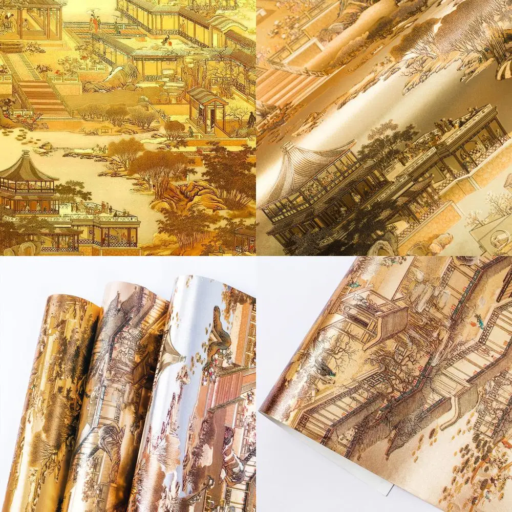 Mural Wallpaper Gold Foil Golden Chinese Restaurant Decor for Dining Room and Shop Interior