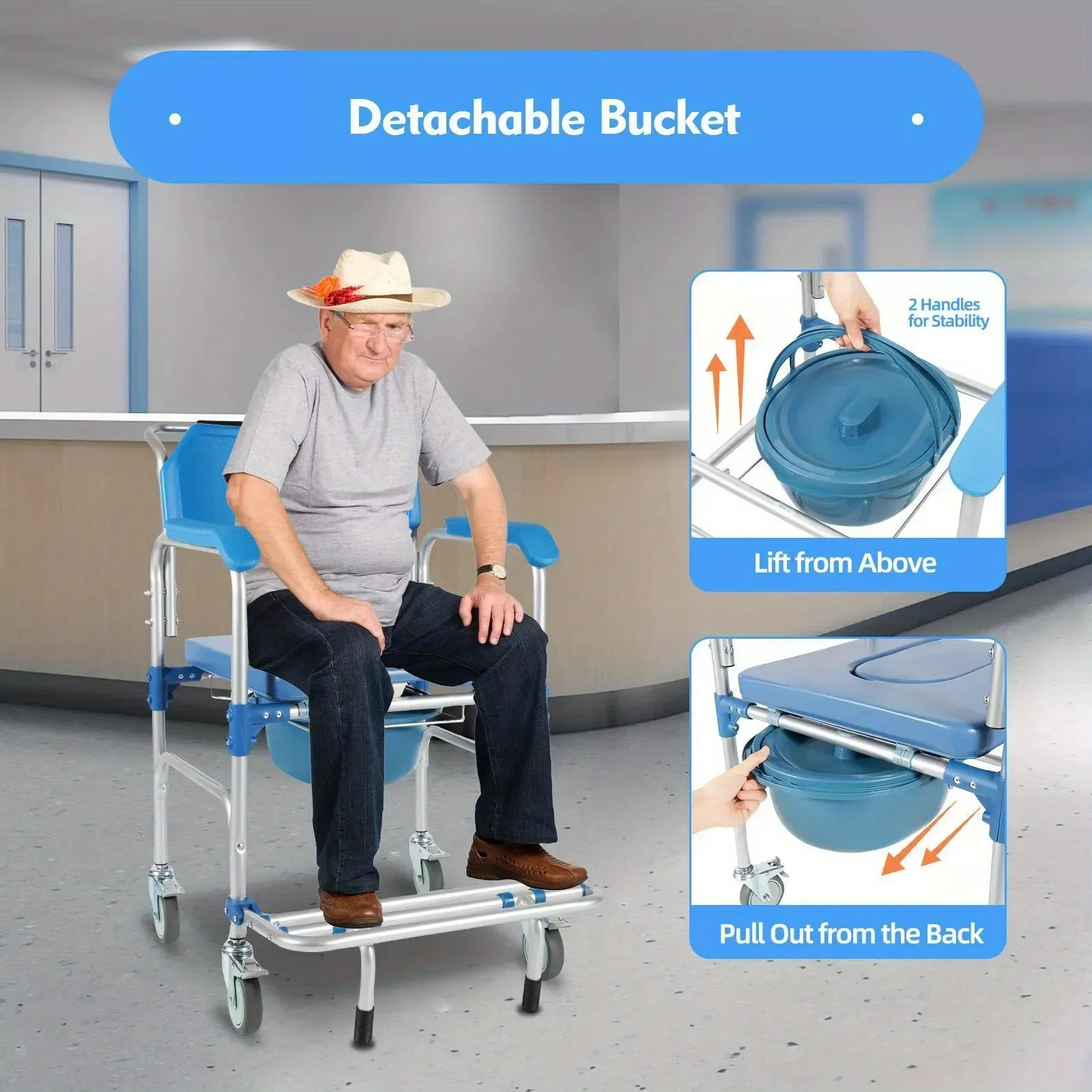 كرسي دش طبي - كرسي متحرك بسعة 350 رطل مع مرحاض متحرك للعناية بكبار السن والمعاقين