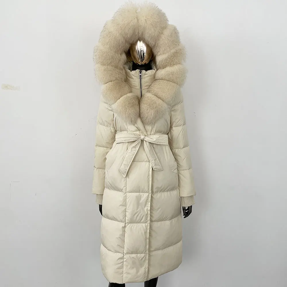 Weiße Gänsedaunenjacke, Parka, dick, warm, locker, wasserdicht, Mantel, natürliche Pelzjacke, Damen, 2024, Winter, echte Fuchspelzkragenjacke