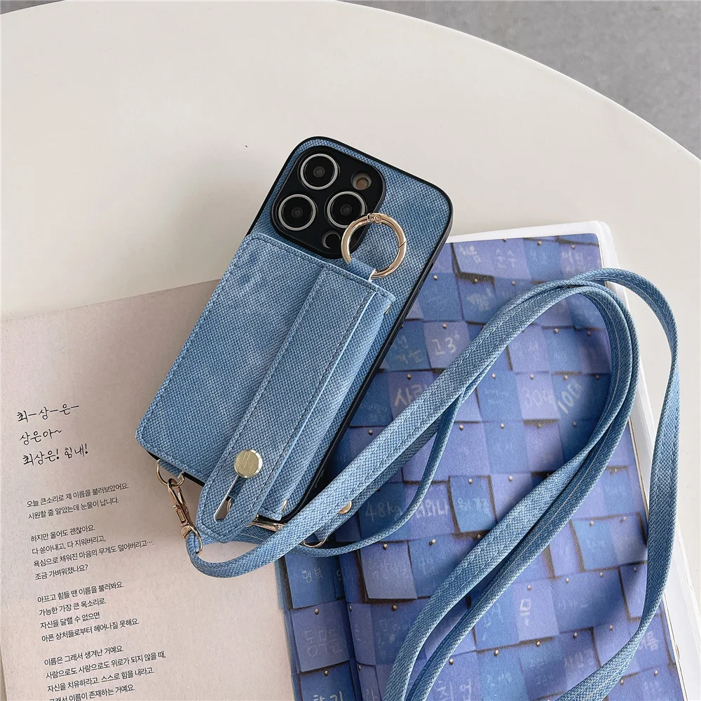 Fashion Card Pocket Wallet phone Case For Apple iPhone 15 pro 14 11 12 13 Pro Max cases denim Leather Anti-fall Wrist band Cover