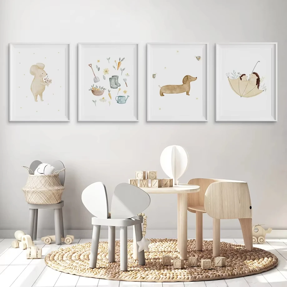 Boho Cartoon Bauernhof Poster Kunstdrucke Fuchs Biene Bär Igel Blume Leinwandgemälde Wandbilder Baby Kinderzimmer Heimdekoration