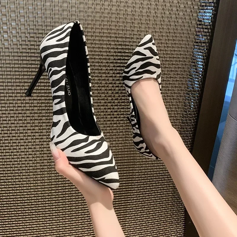 High Heels Women's Sandals 2024 New Zebra Pattern Fashion Shallow Mouth Large Size Thin High Heels Pointed Banquet Party Shoes