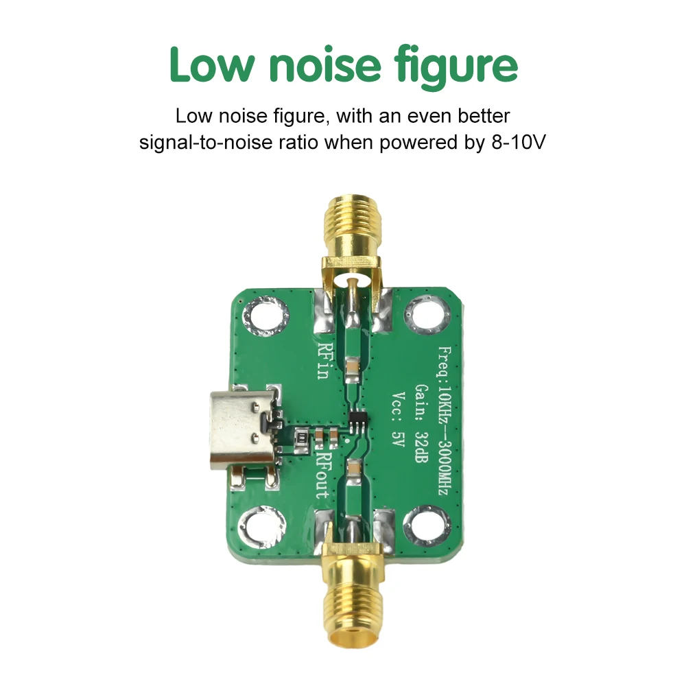 ใหม่ 10KHz-3GHz RF แอมพลิฟายเออร์แบบไวด์แบนด์ ขยายสัญญาณ 32dB แอมพลิฟายเออร์ลดสัญญาณรบกวนต่ำ LNA บอร์ดโมดูล DC 5-12V 50Ω สำหรับสัญญาณวิทยุ FM HF VHF UHF