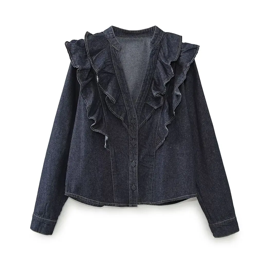 Withered Minimalist Layered Decorative Denim Shirt V-neck Loose Blouse Women Long Sleeve Pullover Top